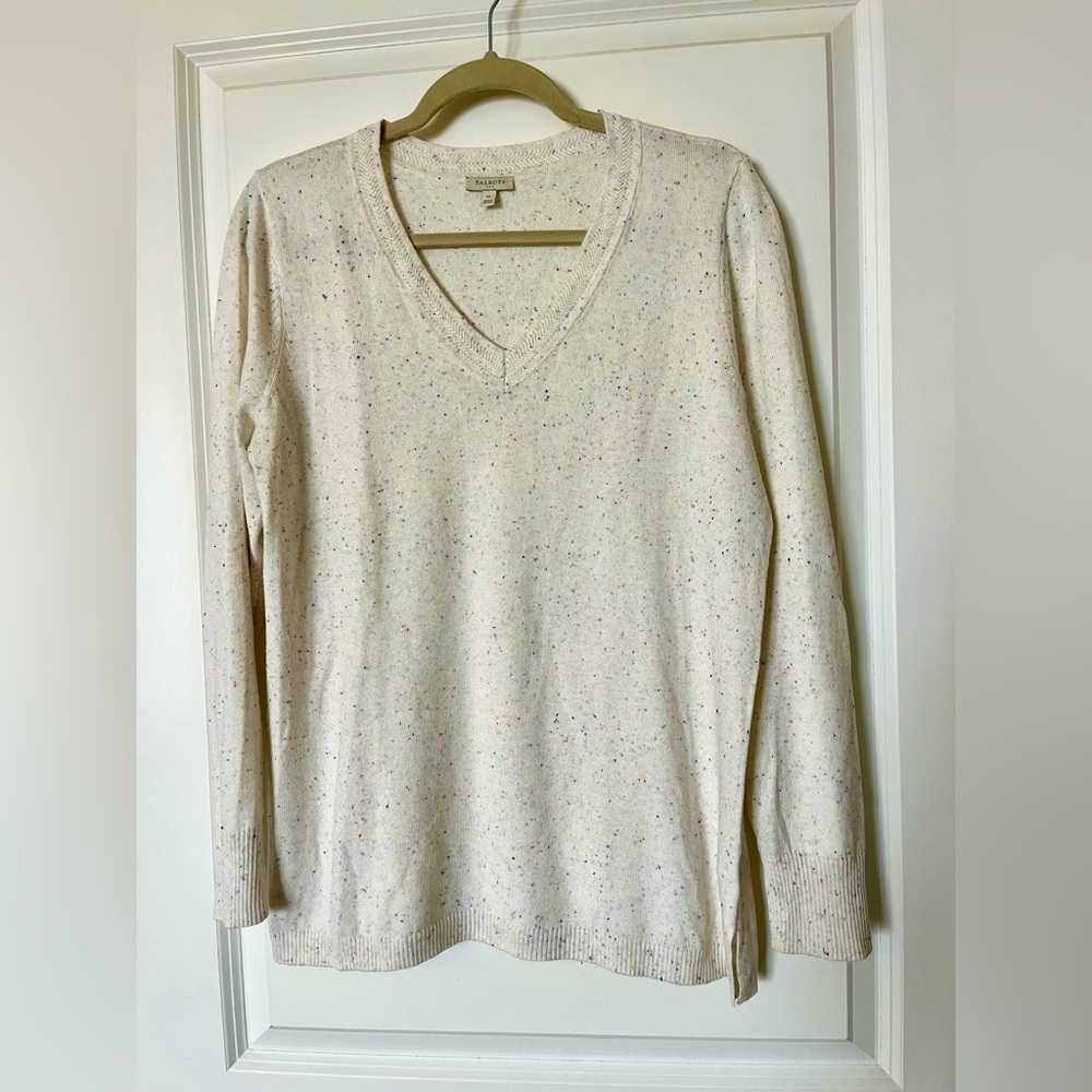 Women’s Talbots V-necked Sweater - size M, cream with multi-color speckled.